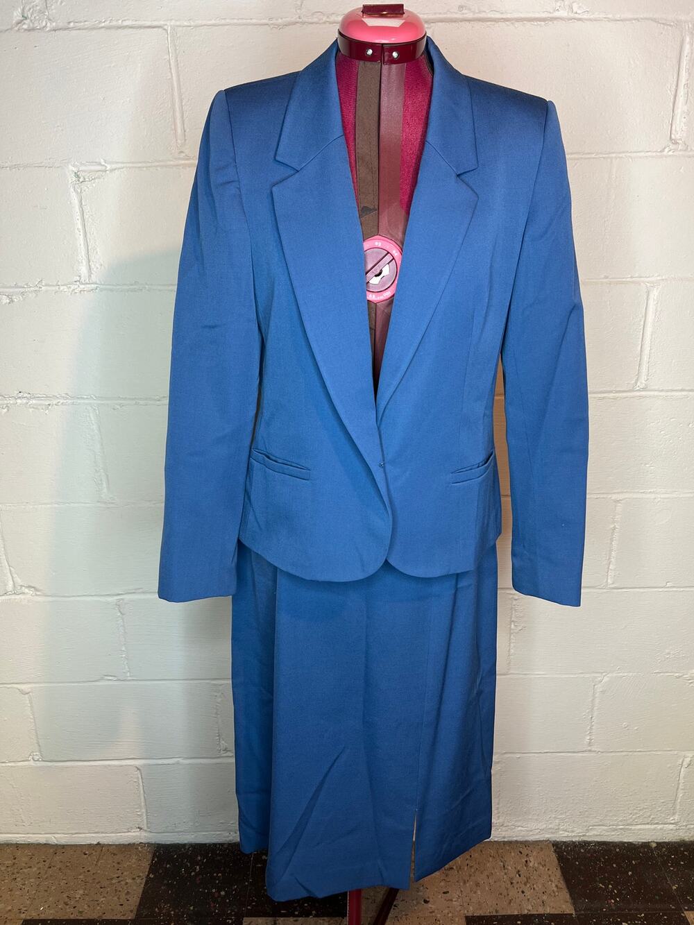suit skirt set 1980s blue boxy boyfriend straight skirt